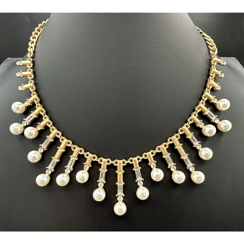 Fringe Necklace 17"+‎ 3" Faux Pearl White Rhinestone Baguette Gold Tone Choker